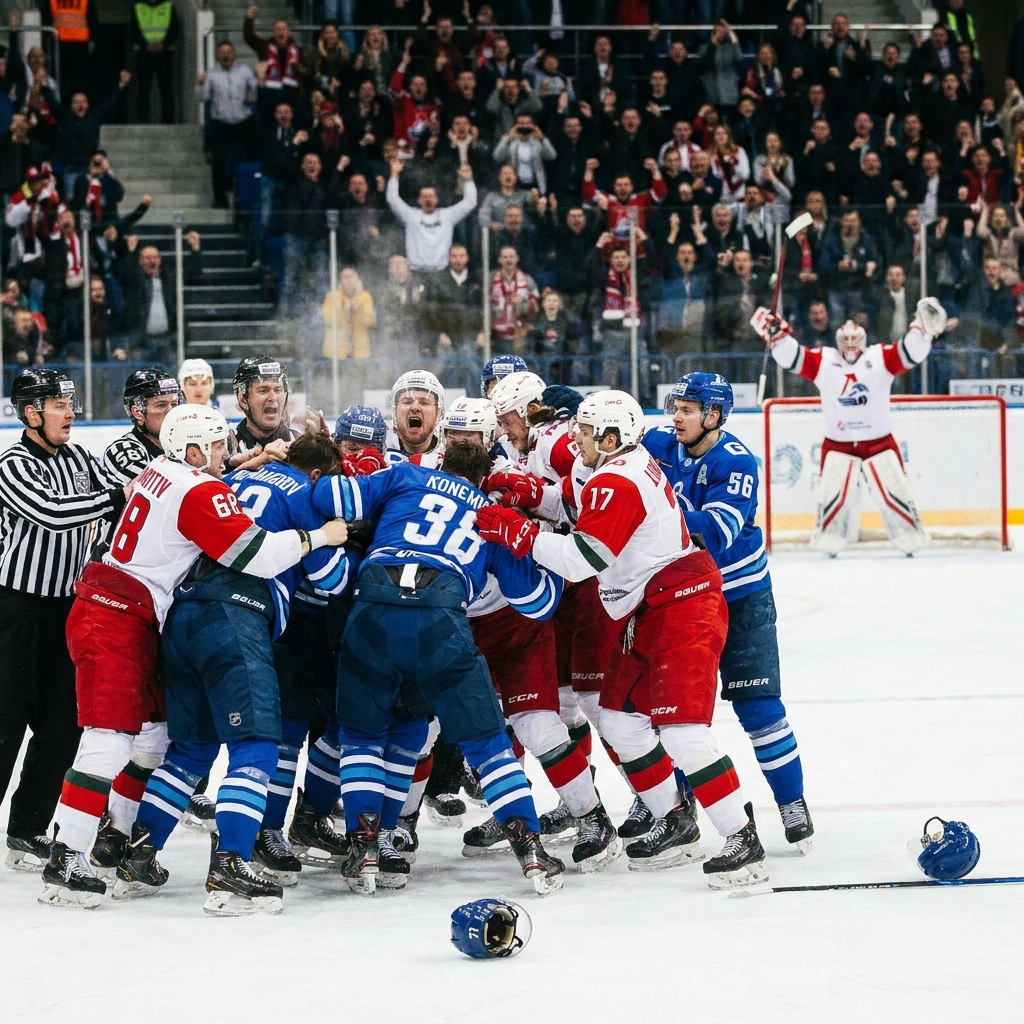 Эмоции зашкаливают: массовая драка на льду после гола «Локомотива»